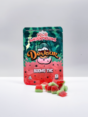 Devour Gummy Sour Watermelon THC infused gummies and is now available here at magic mushroom store. Devour Gummies for sale